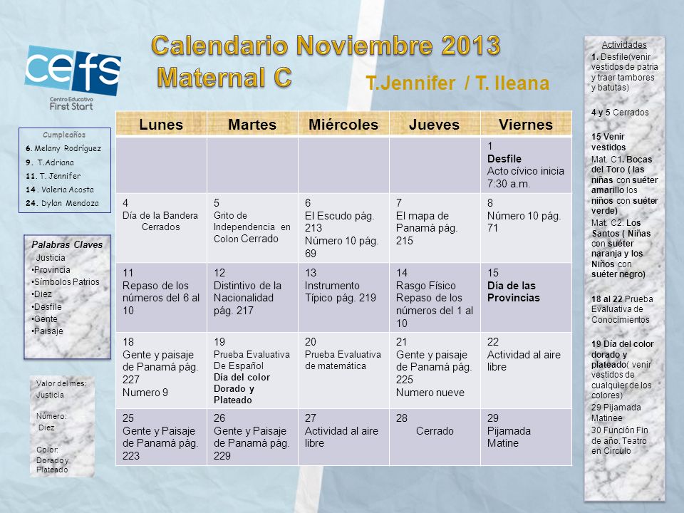 Calendario Noviembre 2013 Maternal C T.Jennifer / T. Ileana Lunes