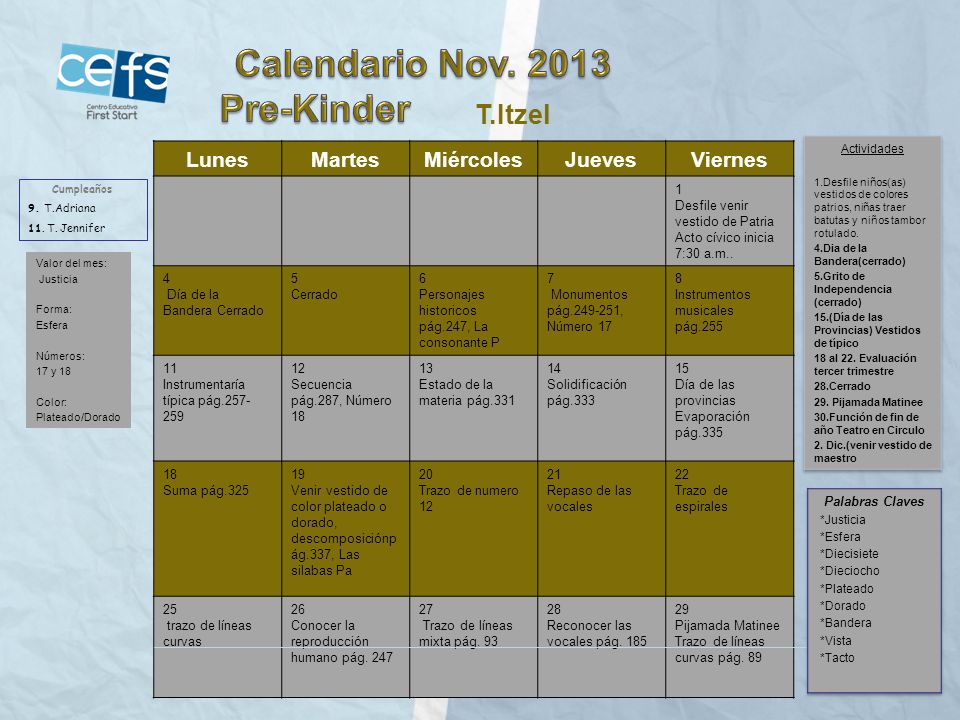 Calendario Nov Pre-Kinder T.Itzel Lunes Martes Miércoles Jueves