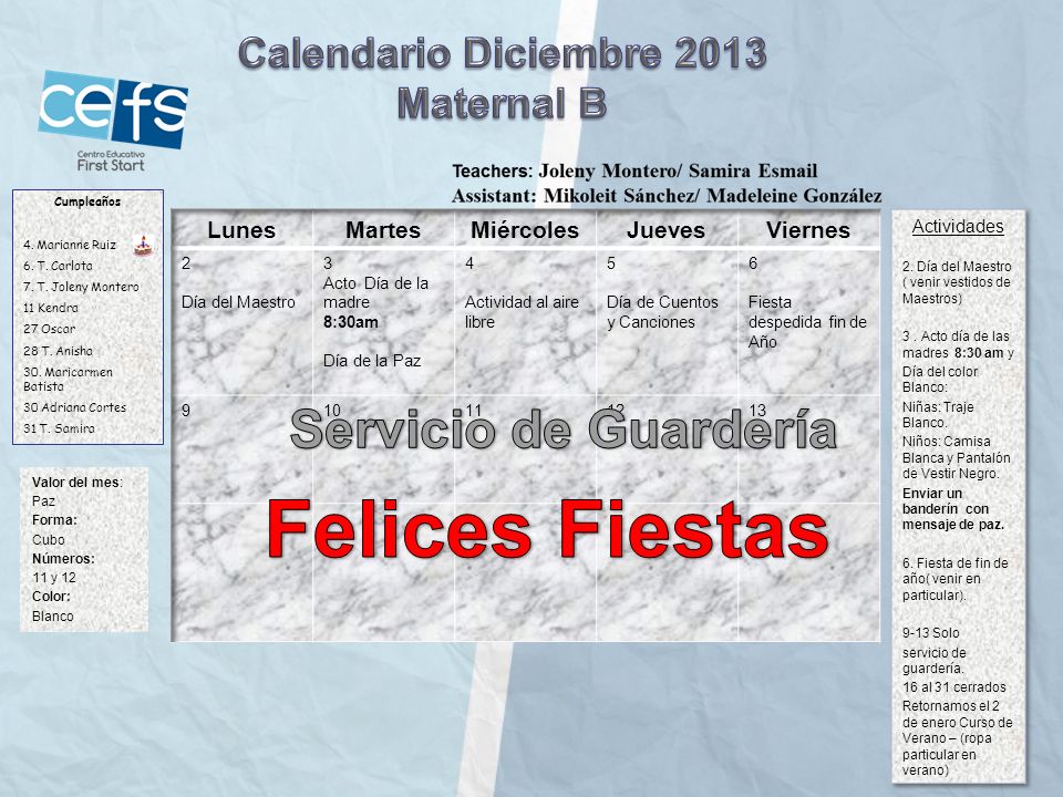 Felices Fiestas Servicio de Guardería Calendario Diciembre 2013