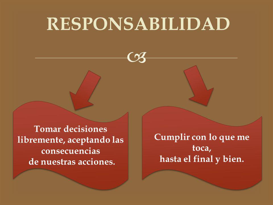 RESPONSABILIDAD Tomar decisiones libremente, aceptando las consecuencias. de nuestras acciones. Cumplir con lo que me toca,