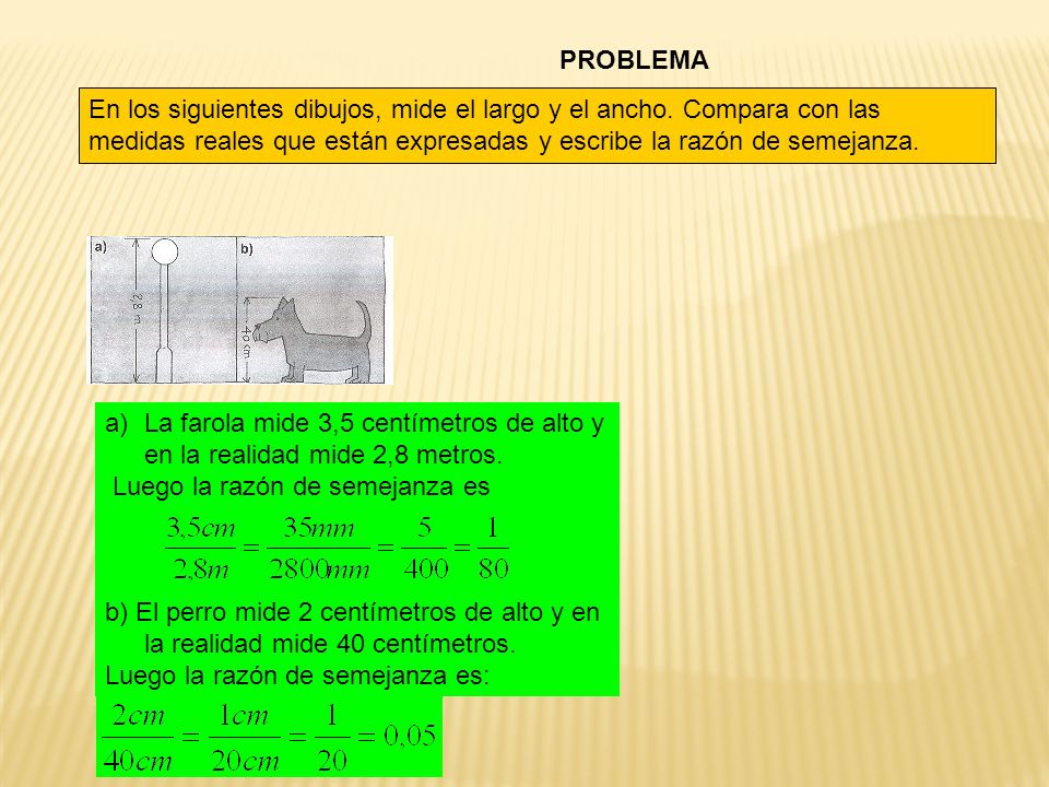 PROBLEMA En los siguientes dibujos, mide el largo y el ancho. Compara con las medidas reales que están expresadas y escribe la razón de semejanza.