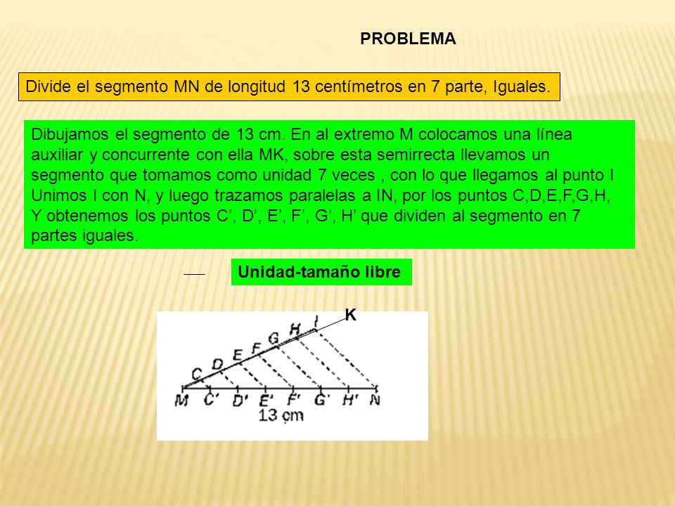 PROBLEMA Divide el segmento MN de longitud 13 centímetros en 7 parte, Iguales.