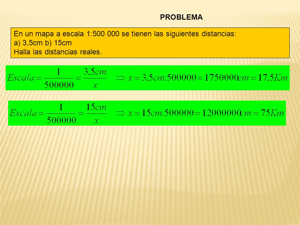 PROBLEMA En un mapa a escala 1: se tienen las siguientes distancias: a) 3,5cm b) 15cm.