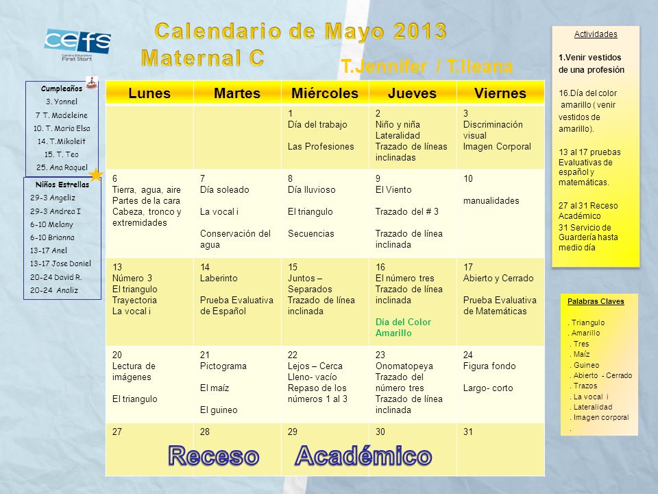 Receso Académico Calendario de Mayo 2013 Maternal C