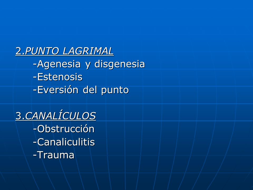 2.PUNTO LAGRIMAL -Agenesia y disgenesia. -Estenosis. -Eversión del punto. 3.CANALÍCULOS. -Obstrucción.