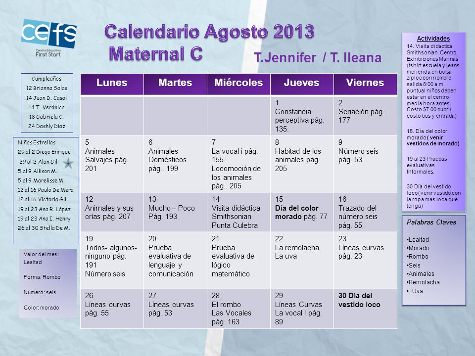 Calendario Agosto 2013 Maternal C T.Jennifer / T. Ileana Lunes Martes