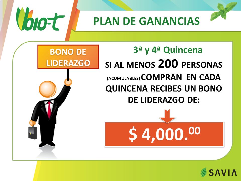 $ 4, PLAN DE GANANCIAS 3ª y 4ª Quincena BONO DE LIDERAZGO