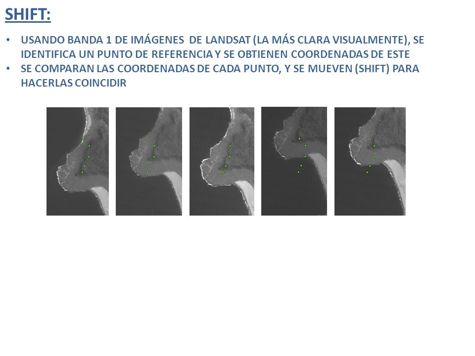SHIFT: USANDO BANDA 1 DE IMÁGENES DE LANDSAT (LA MÁS CLARA VISUALMENTE), SE IDENTIFICA UN PUNTO DE REFERENCIA Y SE OBTIENEN COORDENADAS DE ESTE.