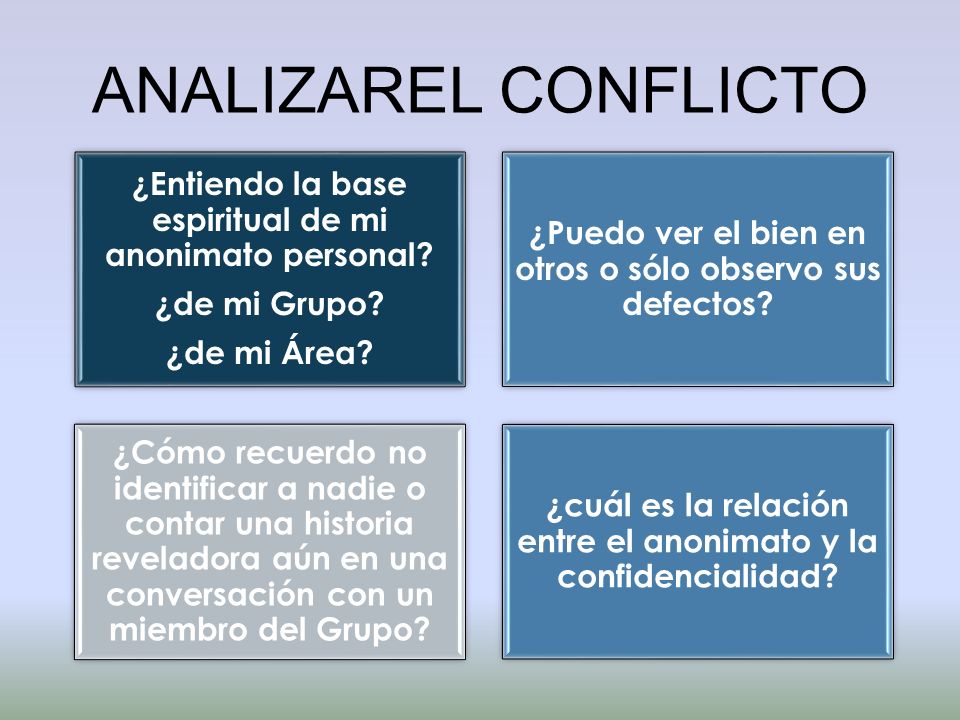 ANALIZAREL CONFLICTO ¿Entiendo la base espiritual de mi anonimato personal ¿de mi Grupo ¿de mi Área
