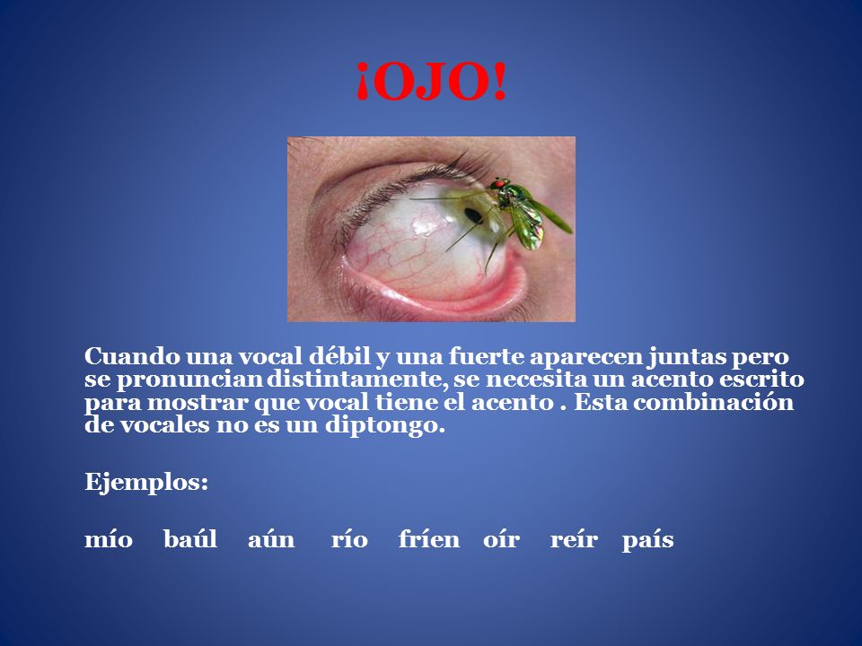 ¡OJO! Ejemplos: mío baúl aún río fríen oír reír país