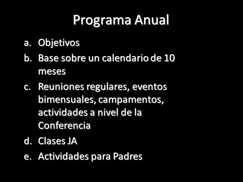 Programa Anual Objetivos Base sobre un calendario de 10 meses