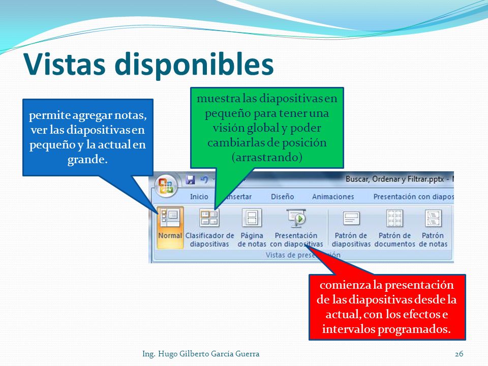 Vistas disponibles muestra las diapositivas en pequeño para tener una visión global y poder cambiarlas de posición (arrastrando)