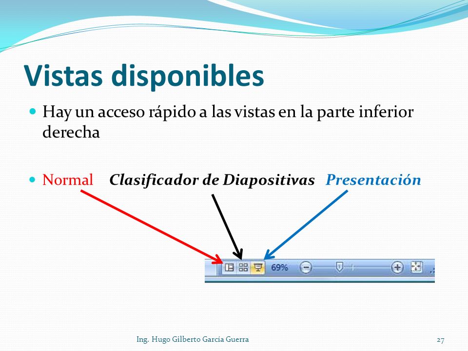 Vistas disponibles Hay un acceso rápido a las vistas en la parte inferior derecha. Normal Clasificador de Diapositivas Presentación.