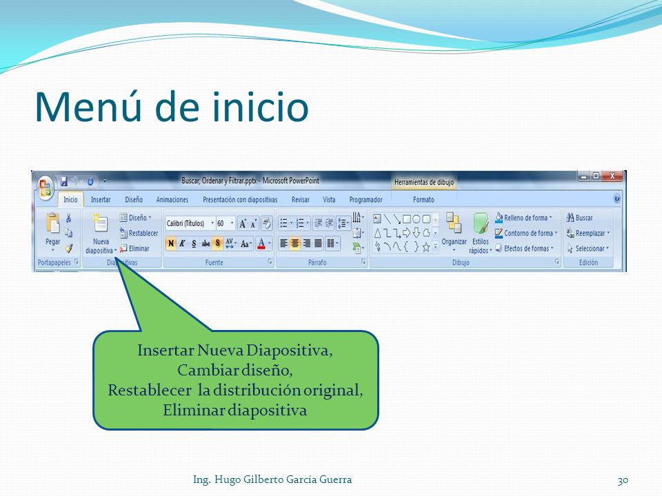 Menú de inicio Insertar Nueva Diapositiva, Cambiar diseño, Restablecer la distribución original, Eliminar diapositiva.