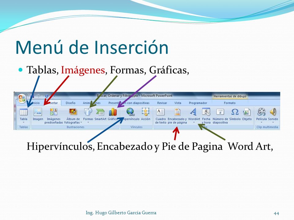 Menú de Inserción Tablas, Imágenes, Formas, Gráficas, Hipervínculos, Encabezado y Pie de Pagina Word Art,