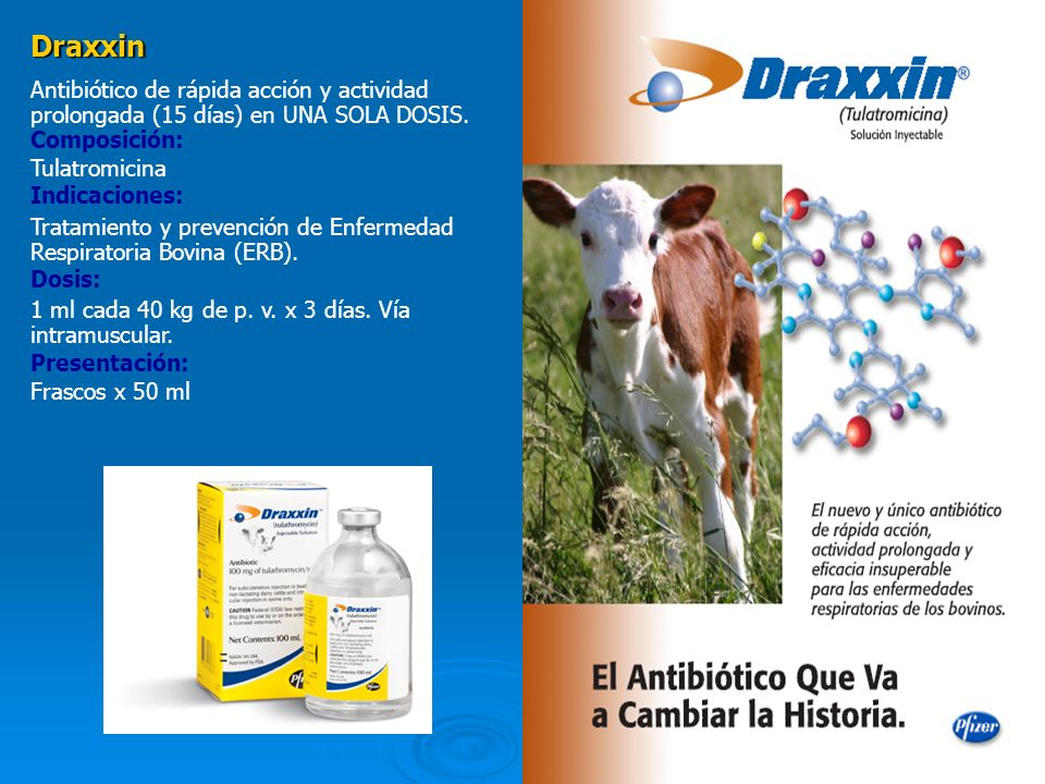 Draxxin Antibiótico de rápida acción y actividad prolongada (15 días) en UNA SOLA DOSIS. Composición: