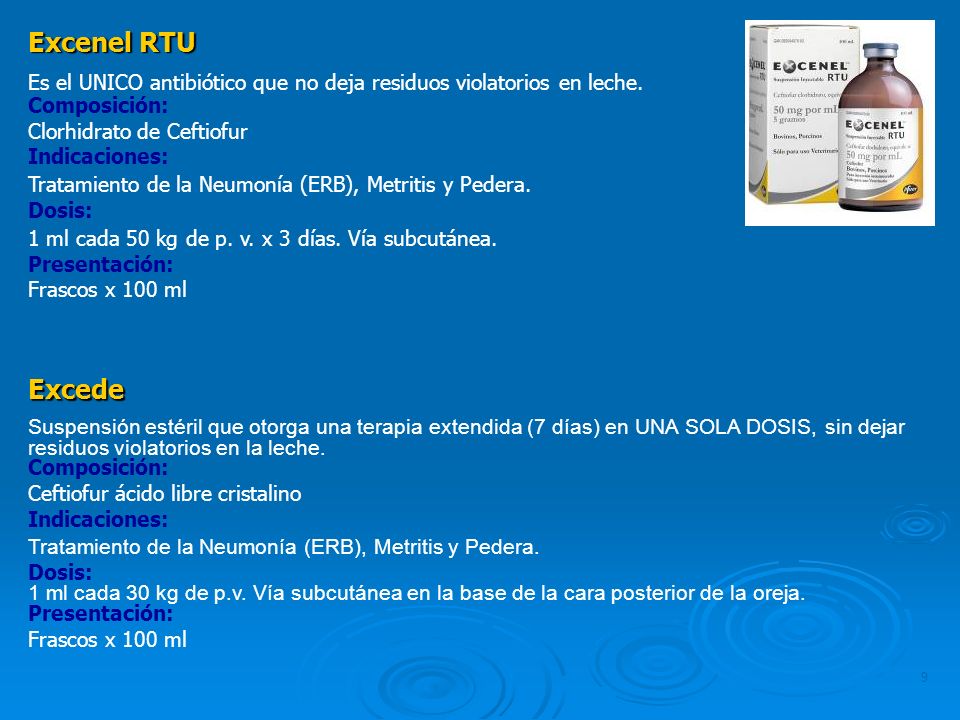 Excenel RTU Es el UNICO antibiótico que no deja residuos violatorios en leche. Composición: Clorhidrato de Ceftiofur.