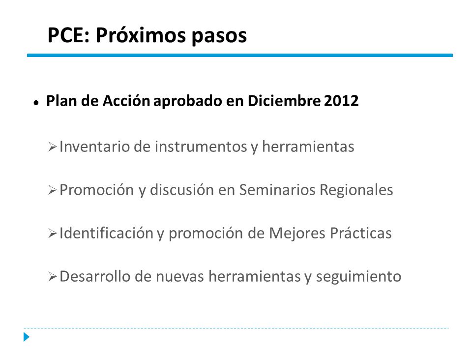 PCE: Próximos pasos Plan de Acción aprobado en Diciembre 2012