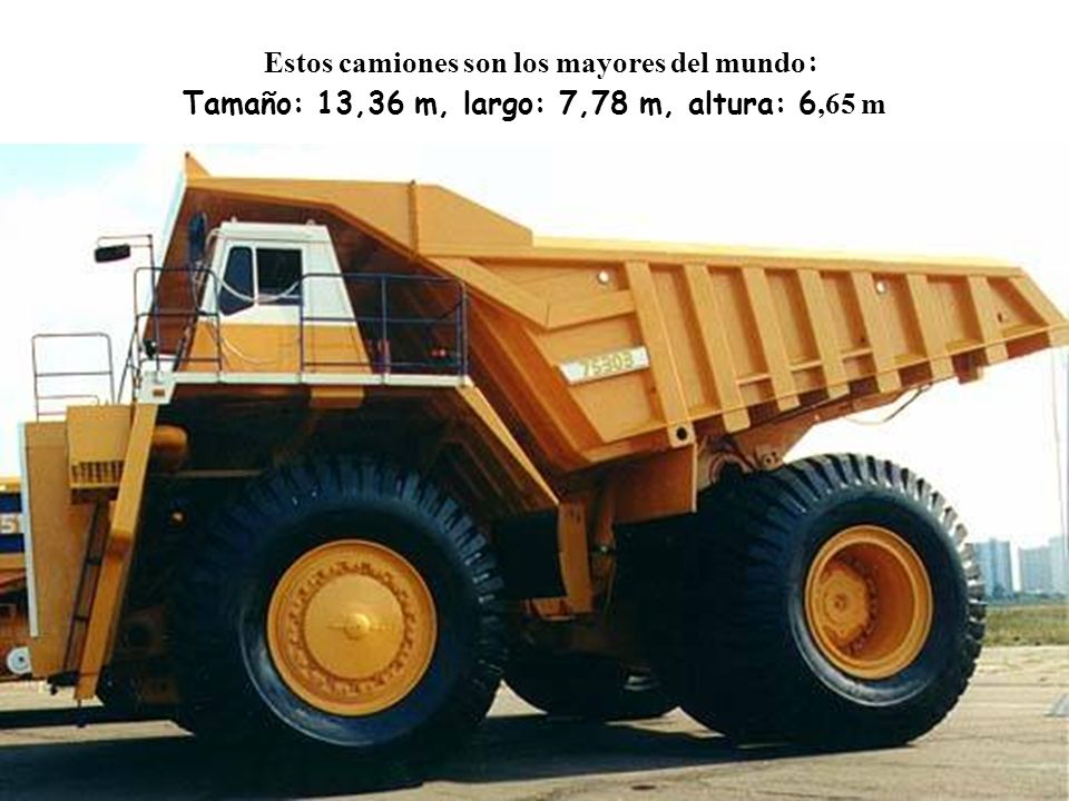 Estos camiones son los mayores del mundo: Tamaño: 13,36 m, largo: 7,78 m, altura: 6,65 m