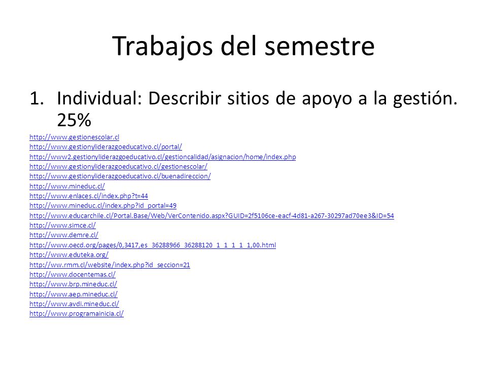 Trabajos del semestre Individual: Describir sitios de apoyo a la gestión. 25%