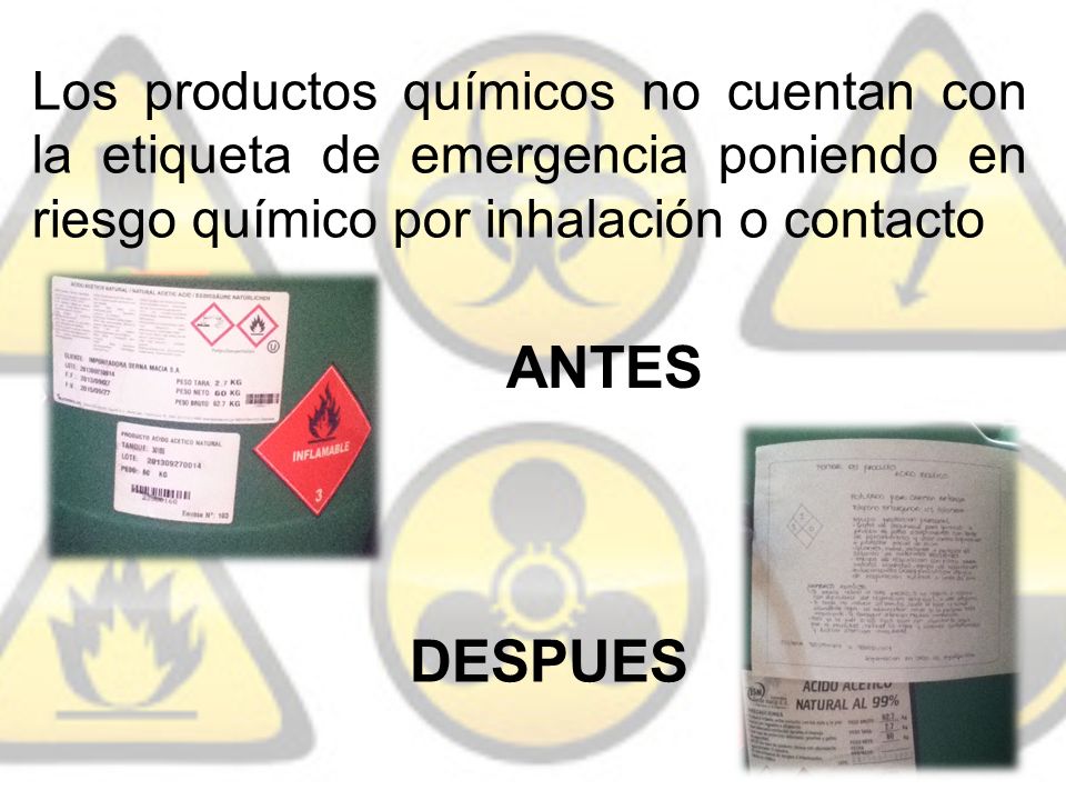 Los productos químicos no cuentan con la etiqueta de emergencia poniendo en riesgo químico por inhalación o contacto