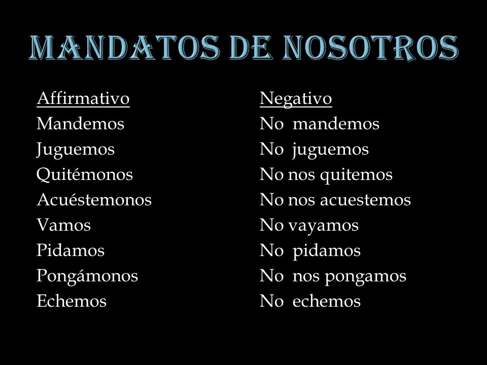 Mandatos de Nosotros Affirmativo Mandemos Juguemos Quitémonos Acuéstemonos Vamos Pidamos Pongámonos Echemos