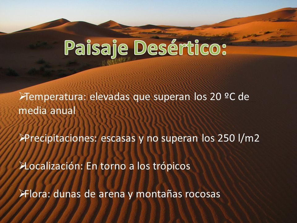 Paisaje Desértico: Temperatura: elevadas que superan los 20 ºC de media anual. Precipitaciones: escasas y no superan los 250 l/m2.