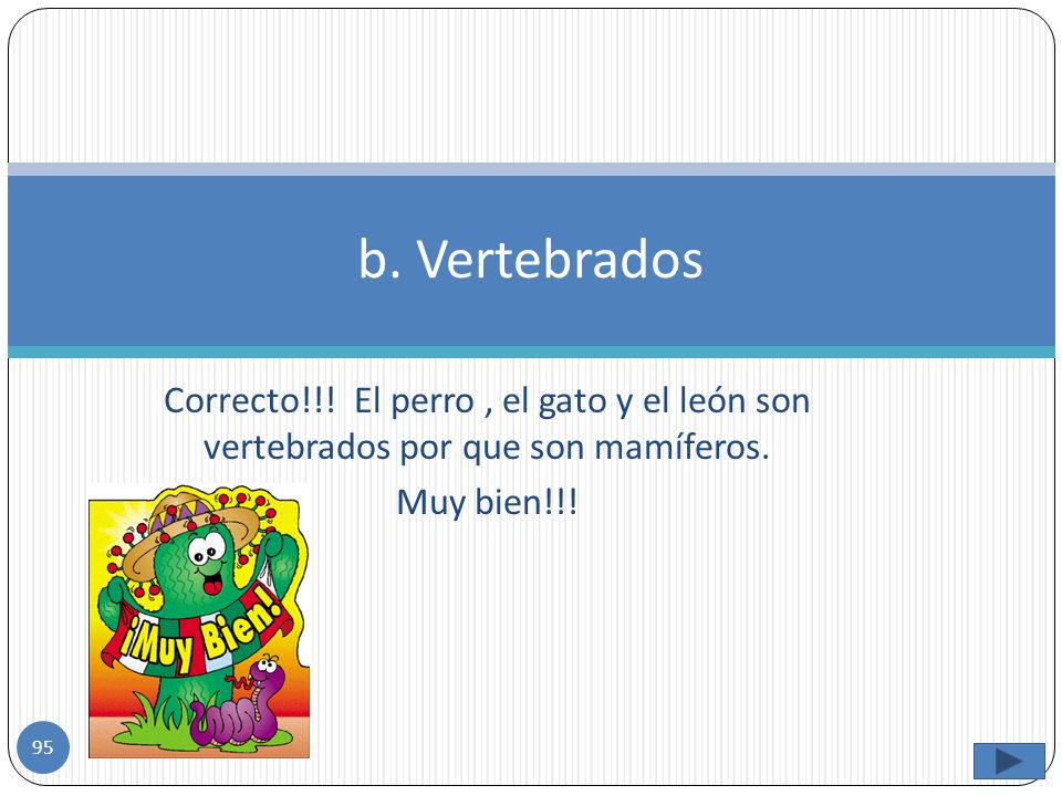 b. Vertebrados Correcto!!. El perro , el gato y el león son vertebrados por que son mamíferos.