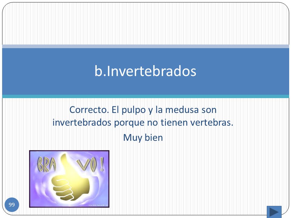 b.Invertebrados Correcto. El pulpo y la medusa son invertebrados porque no tienen vertebras.
