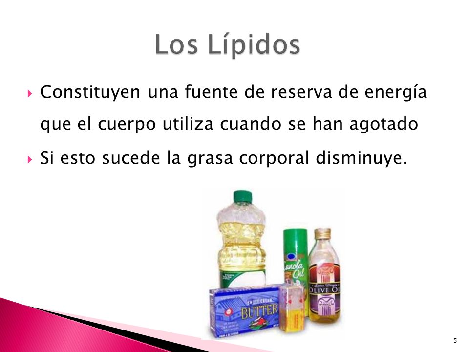 Los Lípidos Constituyen una fuente de reserva de energía que el cuerpo utiliza cuando se han agotado.