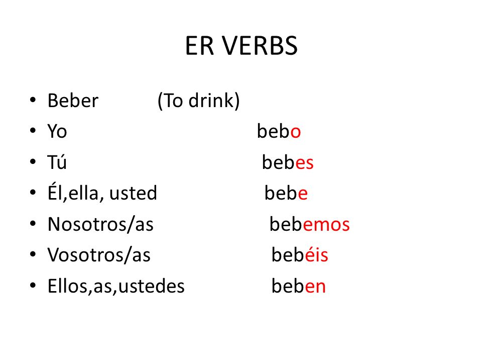 ER VERBS Beber (To drink) Yo bebo Tú bebes Él,ella, usted bebe