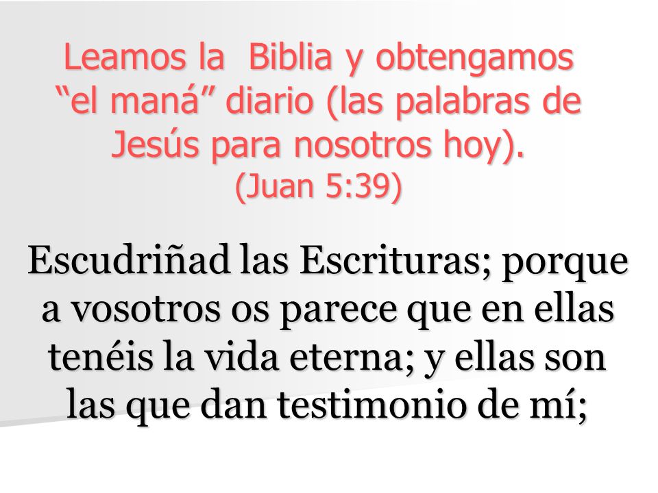 Leamos la Biblia y obtengamos el maná diario (las palabras de Jesús para nosotros hoy). (Juan 5:39)