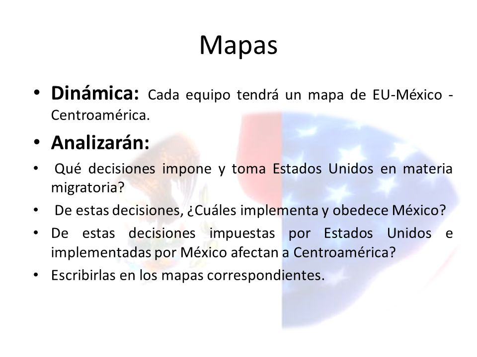 Mapas Dinámica: Cada equipo tendrá un mapa de EU-México -Centroamérica. Analizarán: