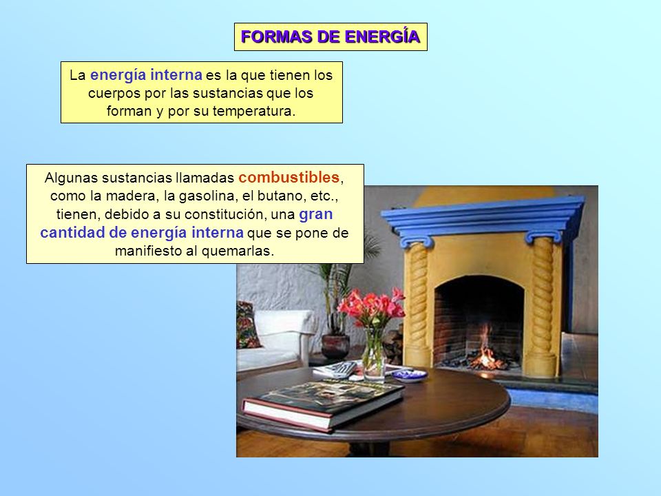 FORMAS DE ENERGÍA La energía interna es la que tienen los cuerpos por las sustancias que los forman y por su temperatura.