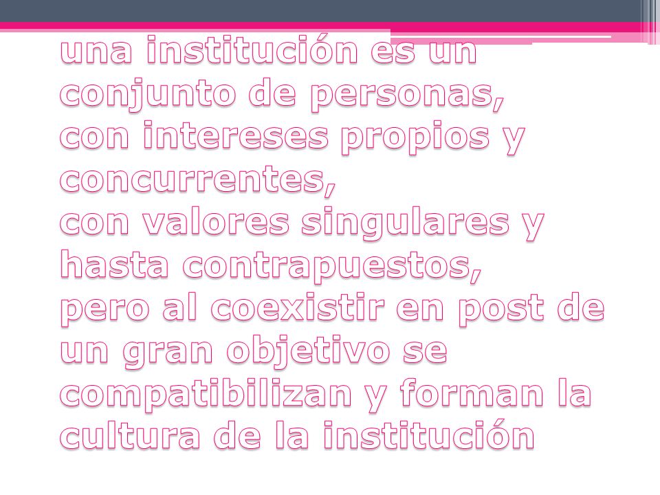 una institución es un conjunto de personas, con intereses propios y concurrentes, con valores singulares y hasta contrapuestos, pero al coexistir en post de un gran objetivo se compatibilizan y forman la cultura de la institución