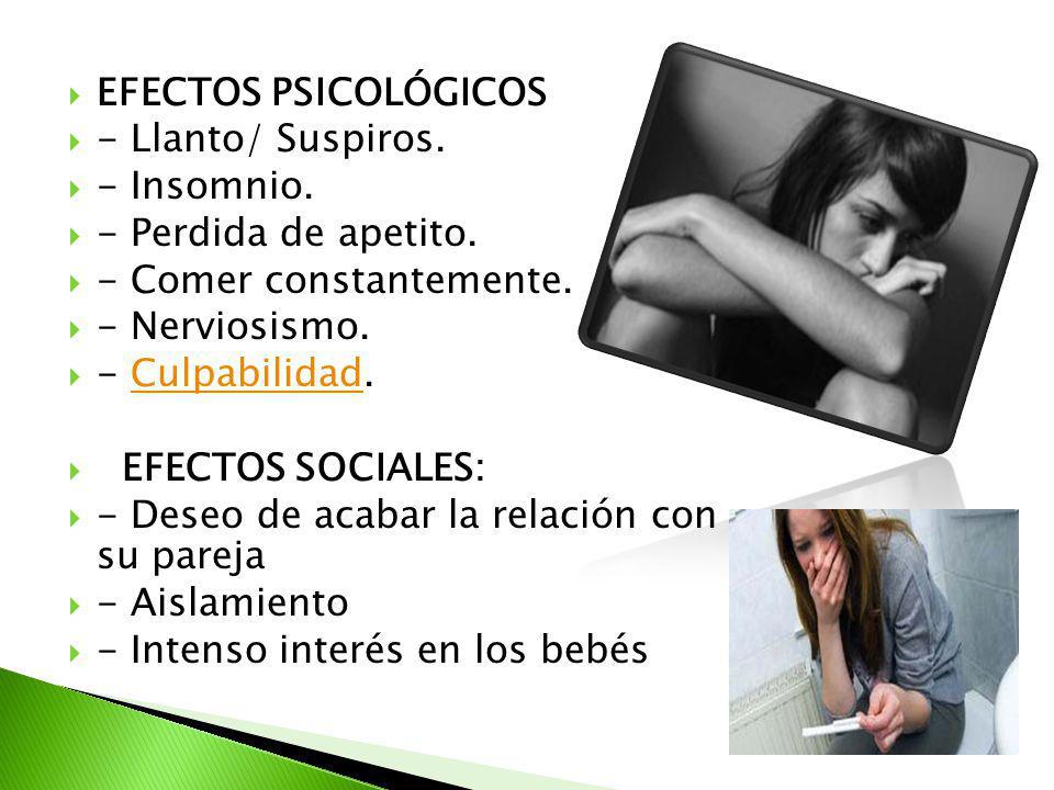 EFECTOS PSICOLÓGICOS - Llanto/ Suspiros. - Insomnio. - Perdida de apetito. - Comer constantemente.