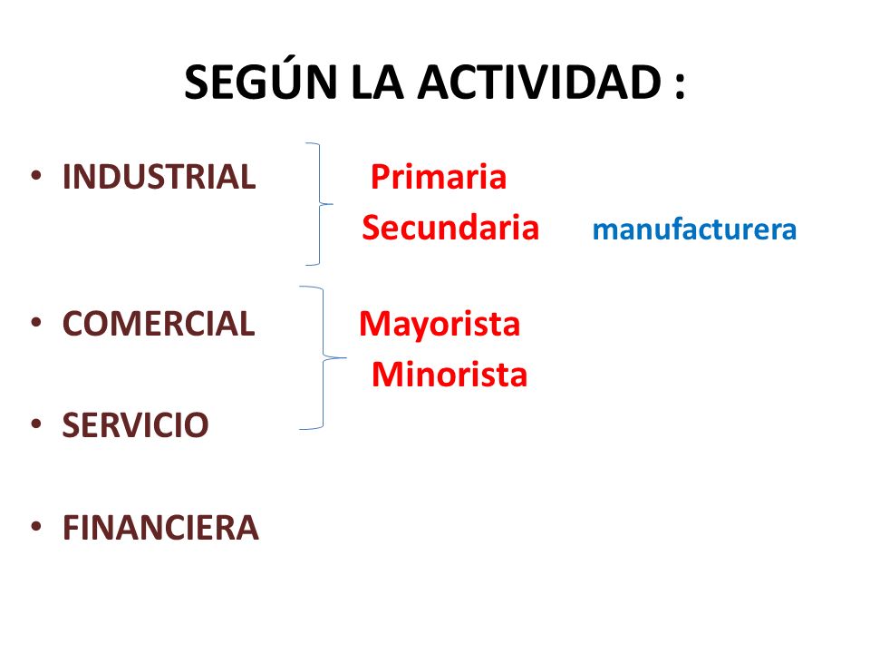 SEGÚN LA ACTIVIDAD : INDUSTRIAL Primaria Secundaria manufacturera