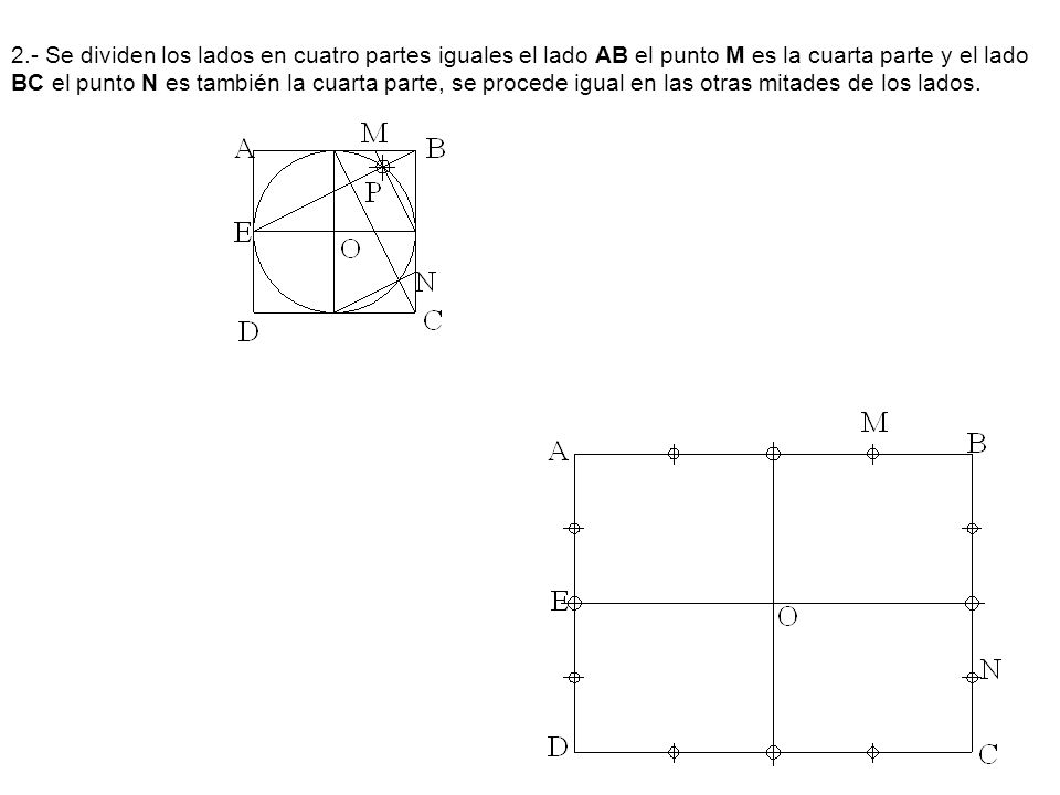 2.- Se dividen los lados en cuatro partes iguales el lado AB el punto M es la cuarta parte y el lado BC el punto N es también la cuarta parte, se procede igual en las otras mitades de los lados.