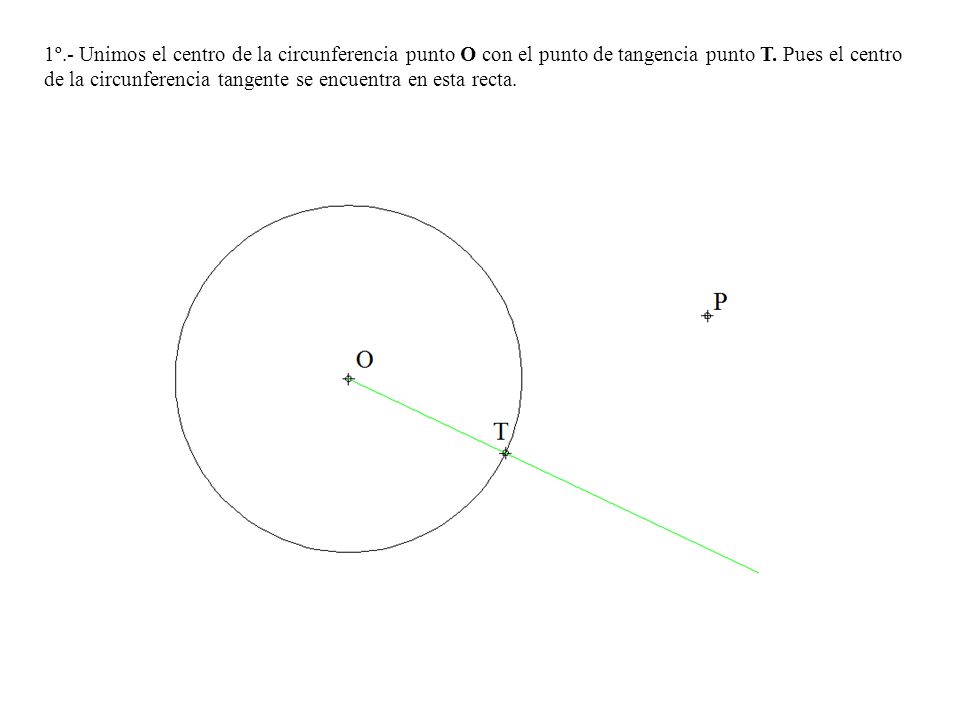 1º.- Unimos el centro de la circunferencia punto O con el punto de tangencia punto T.