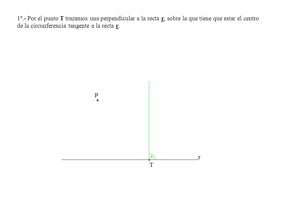 1º.- Por el punto T trazamos una perpendicular a la recta r, sobre la que tiene que estar el centro de la circunferencia tangente a la recta r.