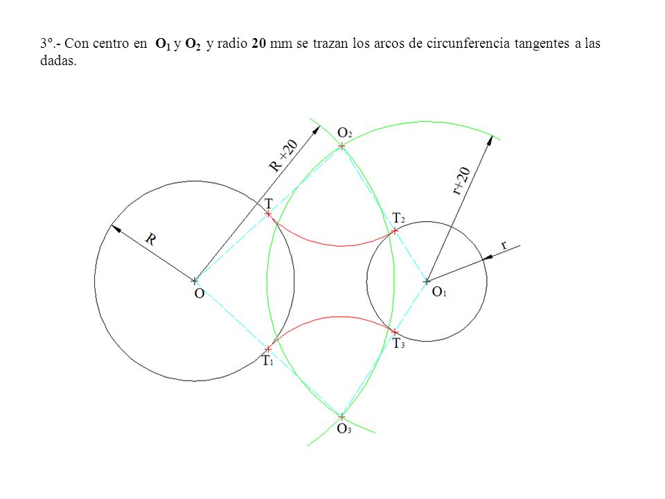 3º.- Con centro en O1 y O2 y radio 20 mm se trazan los arcos de circunferencia tangentes a las dadas.