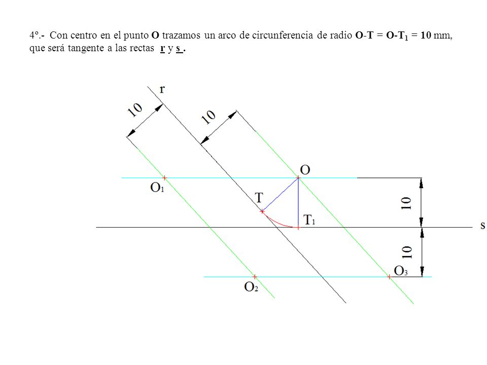 4º.- Con centro en el punto O trazamos un arco de circunferencia de radio O-T = O-T1 = 10 mm, que será tangente a las rectas r y s .