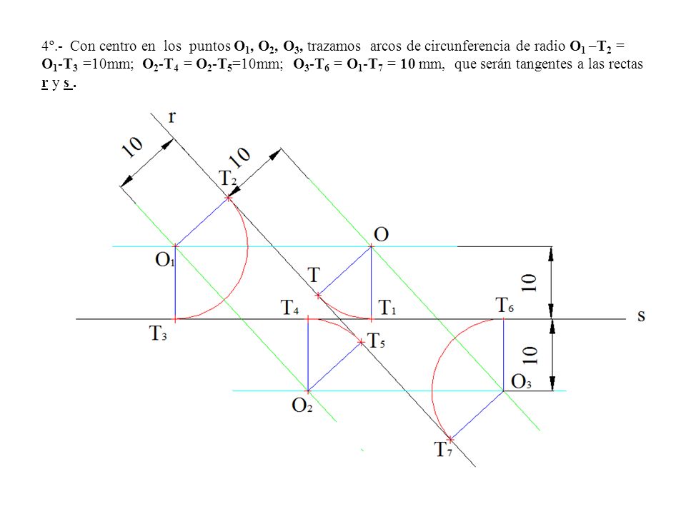 4º.- Con centro en los puntos O1, O2, O3, trazamos arcos de circunferencia de radio O1 –T2 = O1-T3 =10mm; O2-T4 = O2-T5=10mm; O3-T6 = O1-T7 = 10 mm, que serán tangentes a las rectas r y s .