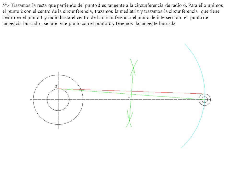 5º.- Trazamos la recta que partiendo del punto 2 es tangente a la circunferencia de radio 6.