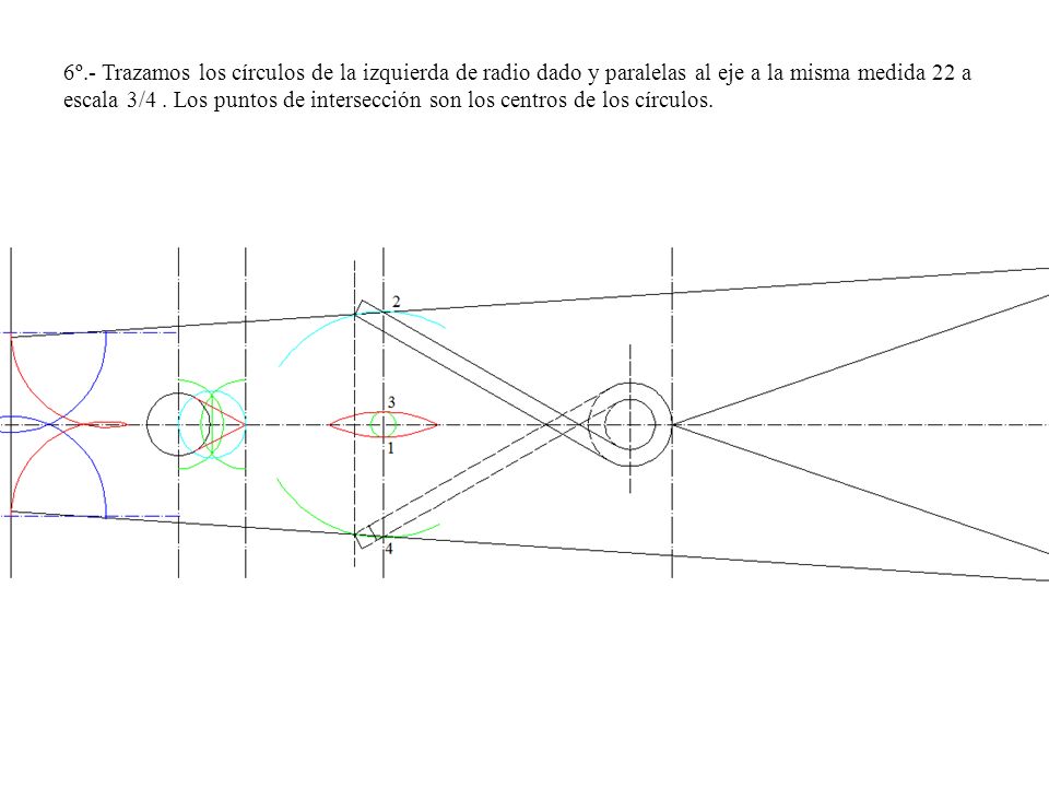 6º.- Trazamos los círculos de la izquierda de radio dado y paralelas al eje a la misma medida 22 a escala 3/4 .
