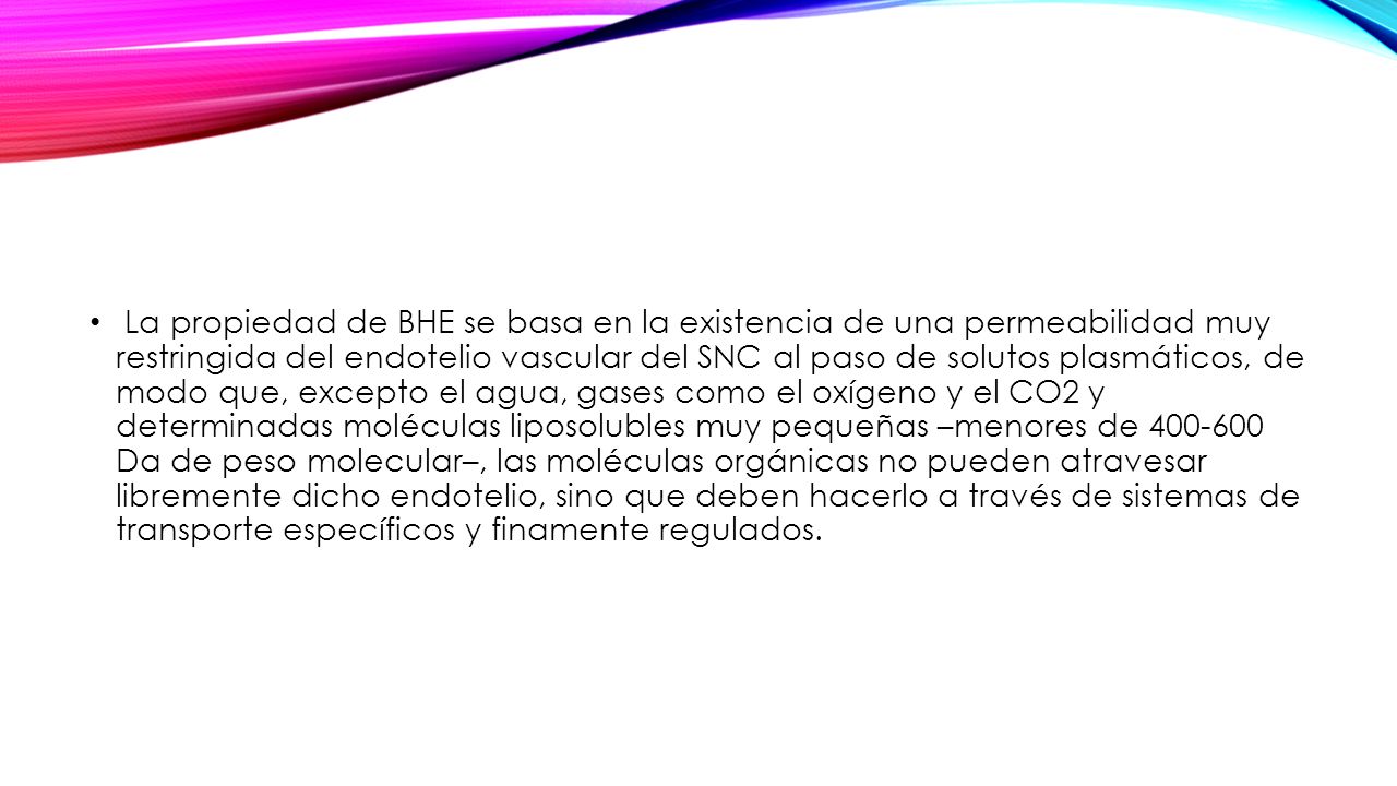 La propiedad de BHE se basa en la existencia de una permeabilidad muy restringida del endotelio vascular del SNC al paso de solutos plasmáticos, de modo que, excepto el agua, gases como el oxígeno y el CO2 y determinadas moléculas liposolubles muy pequeñas –menores de Da de peso molecular–, las moléculas orgánicas no pueden atravesar libremente dicho endotelio, sino que deben hacerlo a través de sistemas de transporte específicos y finamente regulados.