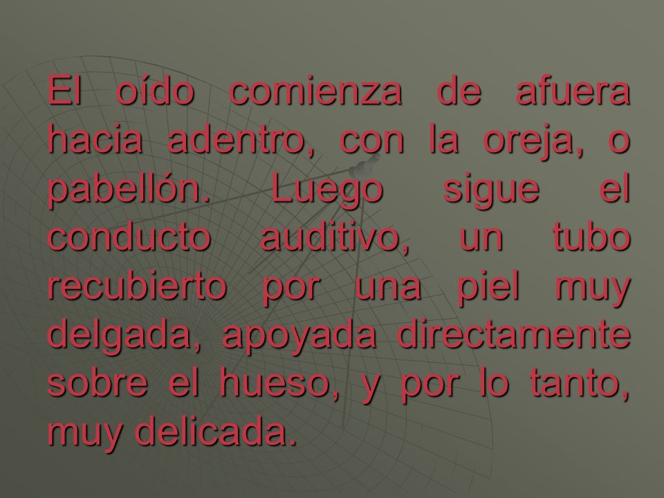 El oído comienza de afuera hacia adentro, con la oreja, o pabellón