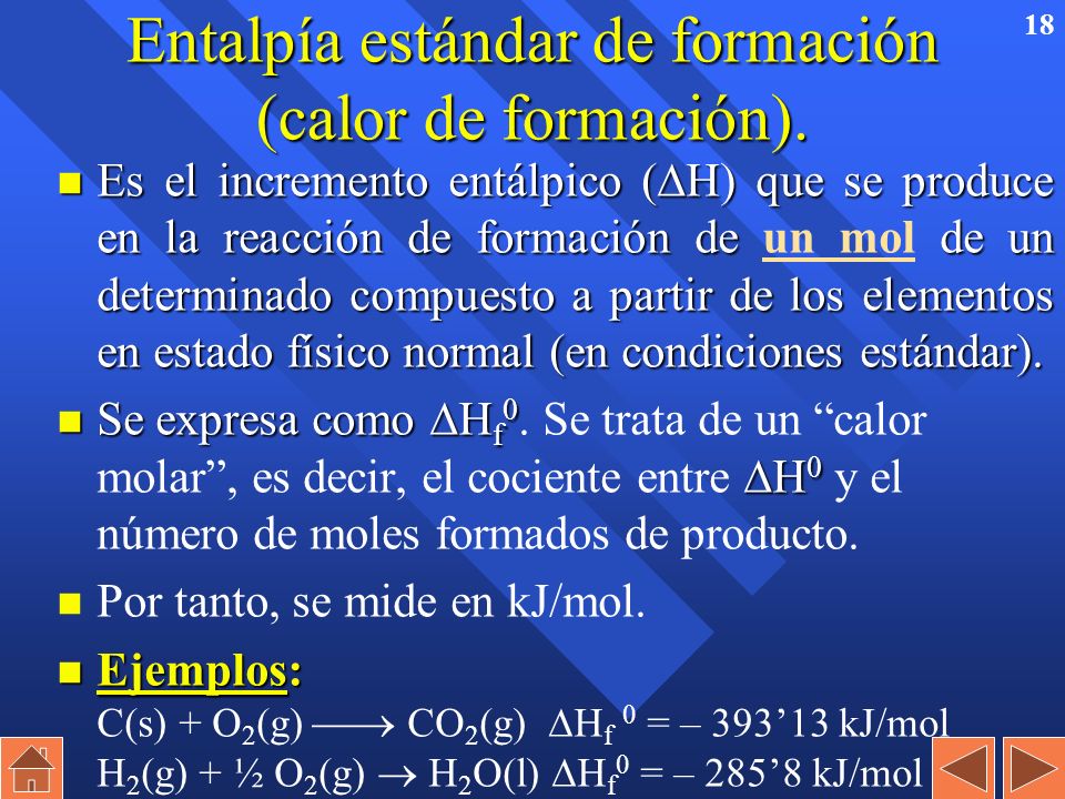 Entalpía estándar de formación (calor de formación).