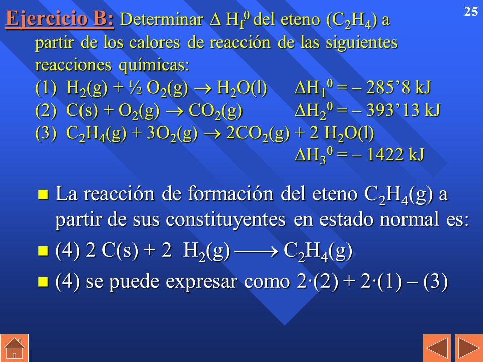 Ejercicio B: Determinar  Hf0 del eteno (C2H4) a partir de los calores de reacción de las siguientes reacciones químicas: (1) H2(g) + ½ O2(g)  H2O(l) H10 = – 285’8 kJ (2) C(s) + O2(g)  CO2(g) H20 = – 393’13 kJ (3) C2H4(g) + 3O2(g)  2CO2(g) + 2 H2O(l) H30 = – 1422 kJ