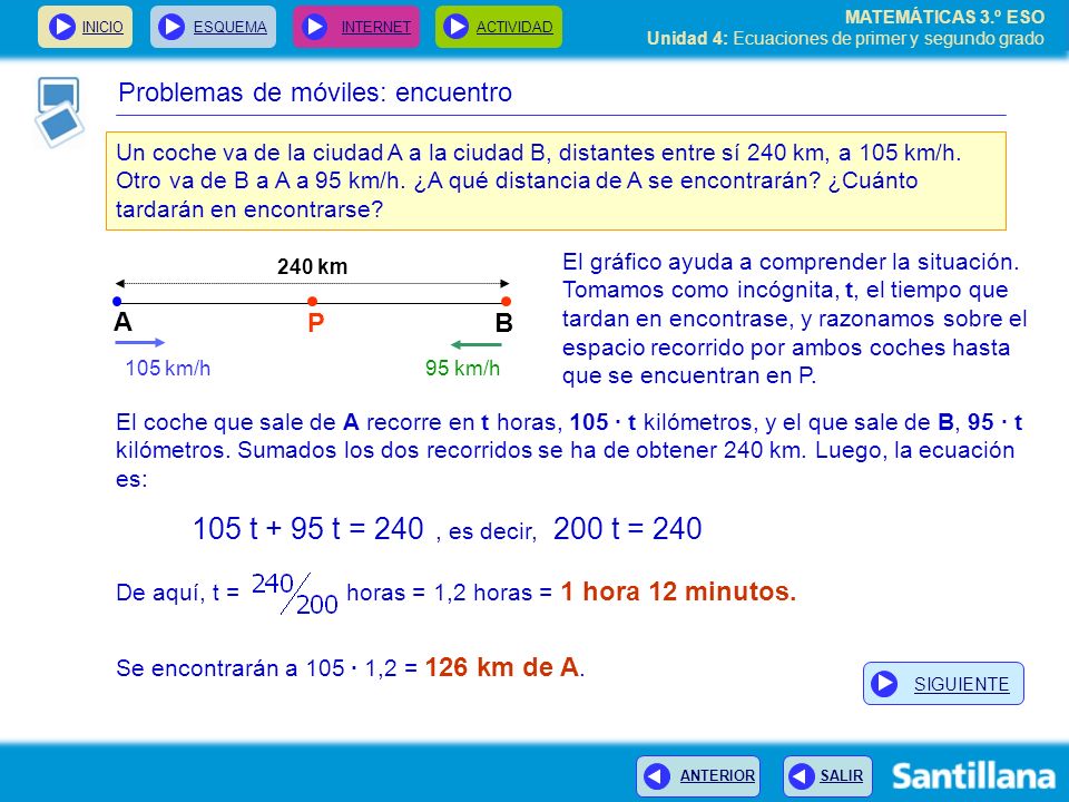105 t + 95 t = t = 240 Problemas de móviles: encuentro B P A
